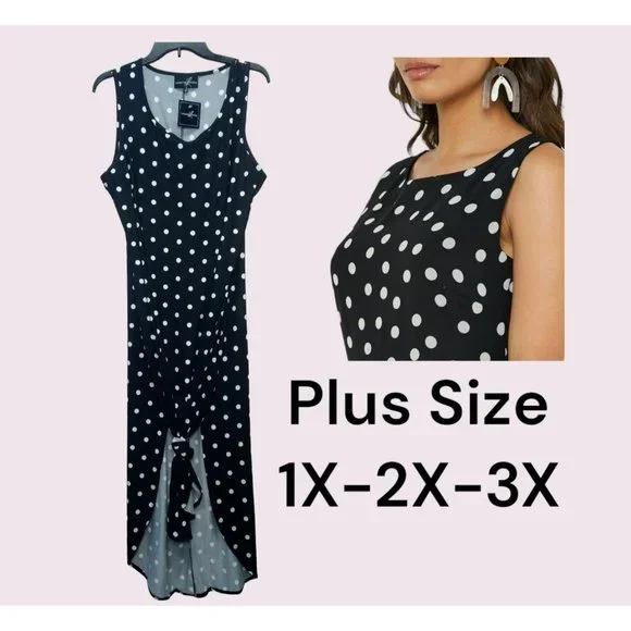 Plus size Polka dotted Maxi Dress Beach Summer Vacay cover-up front tie - Picture 8 of 9